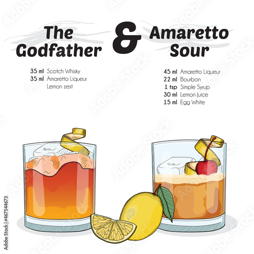 Hand Drawn Colorful The Godfather and Amaretto Sour Cocktail Drink Ingredients Recipe