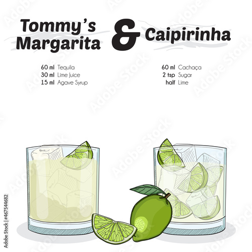 Hand Drawn Colorful Tommys Margarita and Caipirinha Cocktail Drink Ingredients Recipe