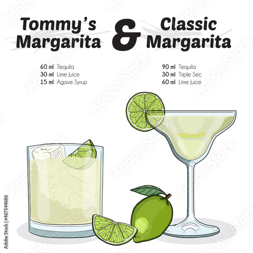Hand Drawn Colorful Tommys Margarita and Classic Margarita Cocktail Drink Ingredients Recipe