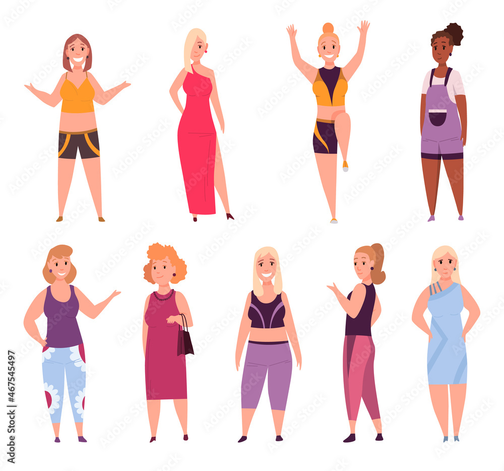 Obraz premium Over size womans set. Adult fat lush people in casual and festive clothes flat cartoon characters. illustration of concept unhealthy lifestyle