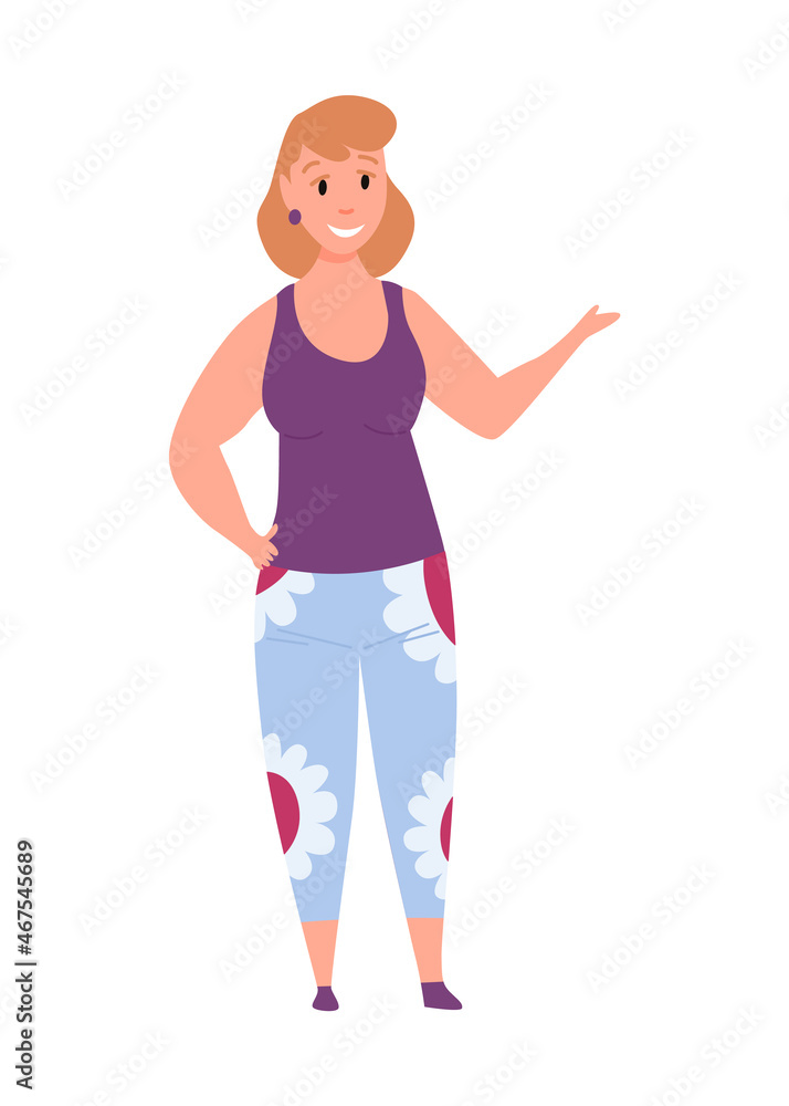 Over size woman. Adult lush lady in casual clothe flat cartoon style. Female character with overweight. person Over size woman. Adult lush lady in casual clothe flat cartoon style. Female character with overweight. person
