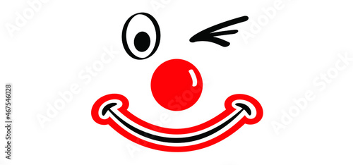 Funny cartoon happy smilling clown faces with wink. Carnivals face with clown nose. Vector clownnose. Comic smile face mask. Red ball or nose. Red nose day concept