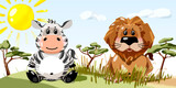Zebra and lion funny personages illustration with it natural environment on background