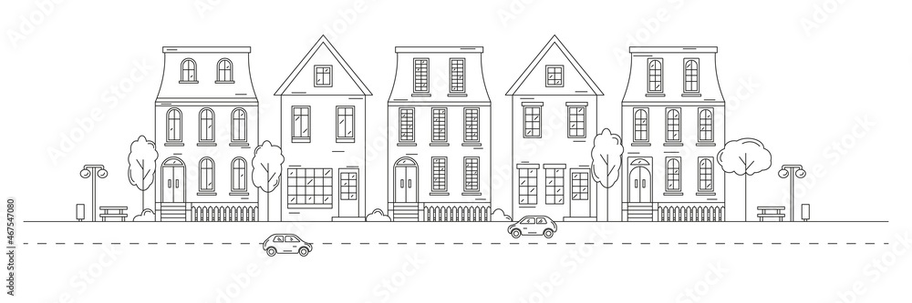 Neighbourhood Line Art. Monochrome horizontal urban landscape with town street or district. Editable stroke. Cityscape with living houses drawn with contour lines.