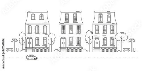 Neighbourhood Line Art. Monochrome horizontal urban landscape with town street or district. Editable stroke. Cityscape with living houses drawn with contour lines.