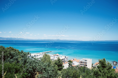 GREECE: Scenic landscape view with blue water of Mediterranean sea 