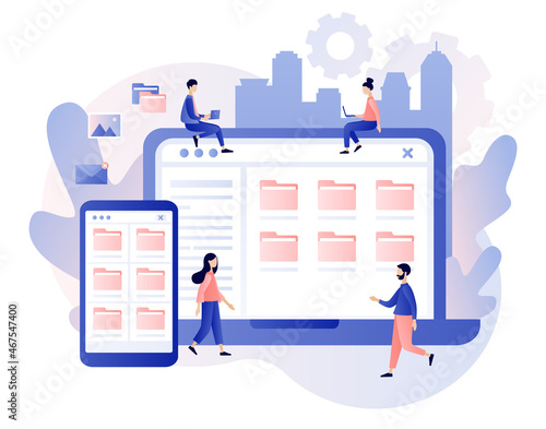 File management concept. Folders, documents and media content. Data storage. Tiny people search files on smartphone and laptop. Modern flat cartoon style. Vector illustration on white background