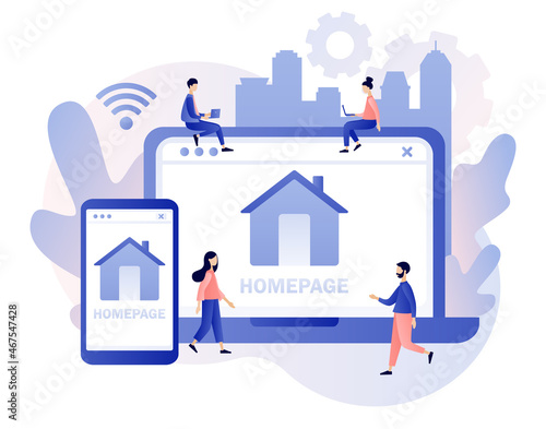 Homepage - web page design on smartphone and laptop. Tiny people working on website homepage development, optimization, setup. Modern flat cartoon style. Vector illustration on white background