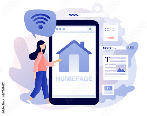 Homepage - web page design on smartphone. Tiny woman programmer working on website homepage development, optimization, setup. Modern flat cartoon style. Vector illustration on white background