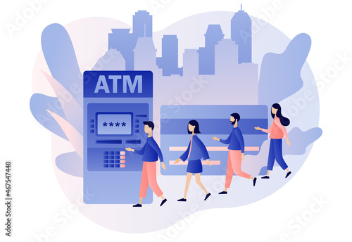 ATM concept. Banking terminal. Tiny people waiting in line near atm machine holding credit card. Online payment. Modern flat cartoon style. Vector illustration on white background