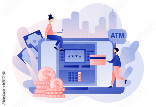 ATM on laptop. Banking terminal. Tiny people withdraws money from credit card in online atm machine. Online payment. Modern flat cartoon style. Vector illustration on white background