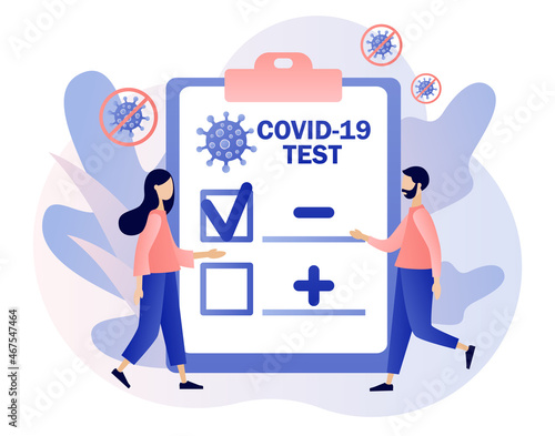 Coronavirus Covid-19 testing. Patient receiving Covid-19 rapid test. Tiny doctor or nurse doing Coronavirus PCR test. Positive or negative testing result. Modern flat cartoon style.Vector illustration