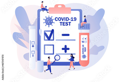 Coronavirus Covid-19 testing. Tiny doctor or nurse doing Coronavirus PCR test. Patient receiving Covid-19 rapid test. Positive or negative testing result. Modern flat cartoon style.Vector illustration