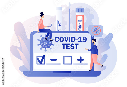 Covid-19 testing. Positive or negative testing result online. Tiny doctor or nurse doing Coronavirus PCR test. Patient receiving Covid-19 rapid test. Modern flat cartoon style. Vector illustration 