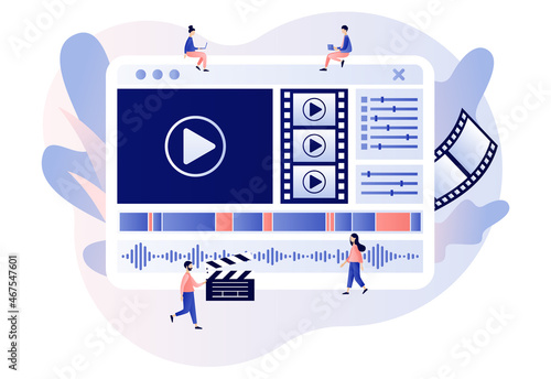 Video editor. Video maker online course. Tiny people footage editing and making multimedia content production. Studio filmmaking. Modern flat cartoon style. Vector illustration on white background