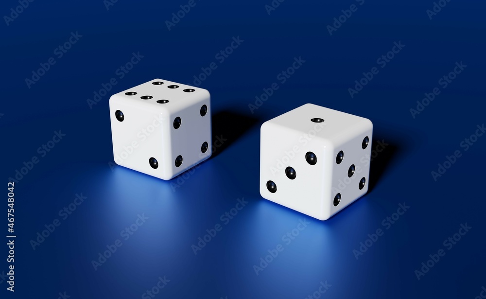 Dice 3d rendering. Two white dice 3d illustration.