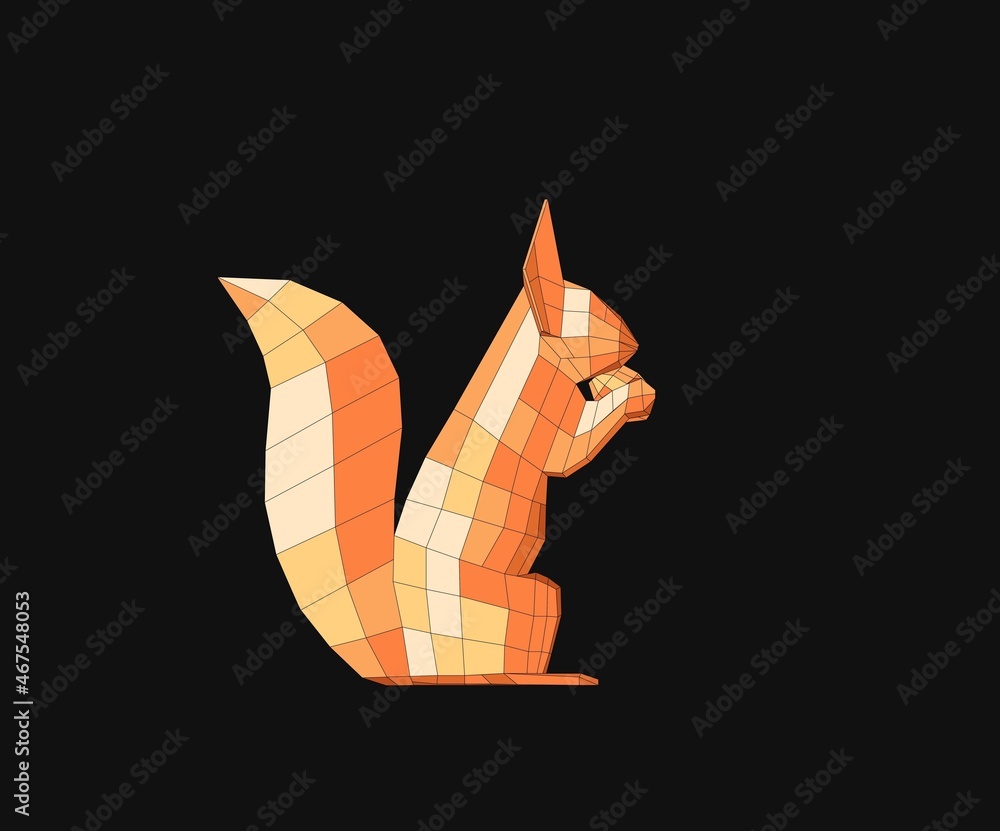 Low poly squirrel isolated on black background. Abstract polygonal squirrel. Squirrel eats a nut low poly vector illustration. Squirrel consisting of triangles.