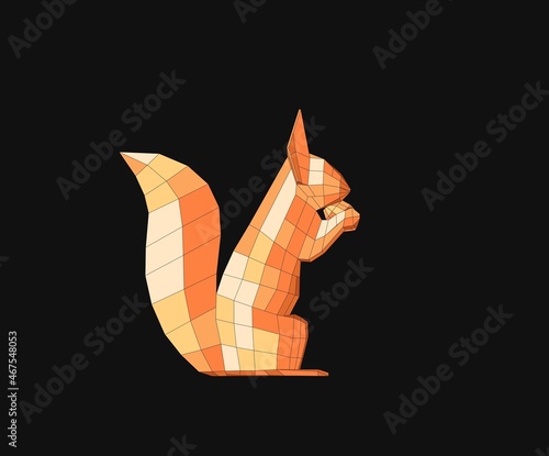 Low poly squirrel isolated on black background. Abstract polygonal squirrel. Squirrel eats a nut low poly vector illustration. Squirrel consisting of triangles.