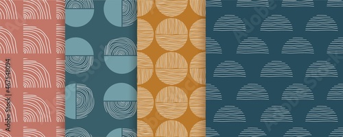 Set of trendy minimalism seamless patterns with hand drawn abstract rounds and circles. Vector pattern illustration for wallpaper, background, textile, fabric and wrapping paper.