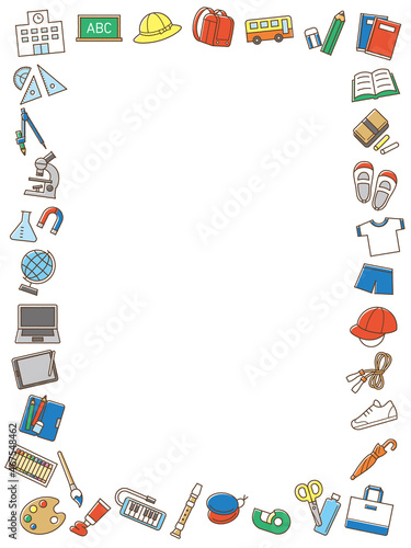 かわいい小学校の勉強道具フレーム　Elementary School Study Tool Frame