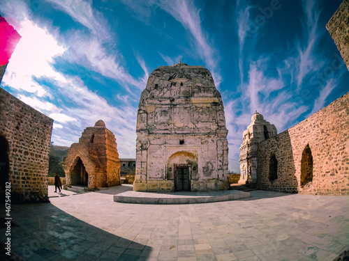 Choa SaidanShah, Chakwal, Pakistan - December, 29, 2019: Shri Katas Raj is a complex of several Hindu temples and a pond named Katas which is sacred to Hindus. The site is almost 5000 years old!