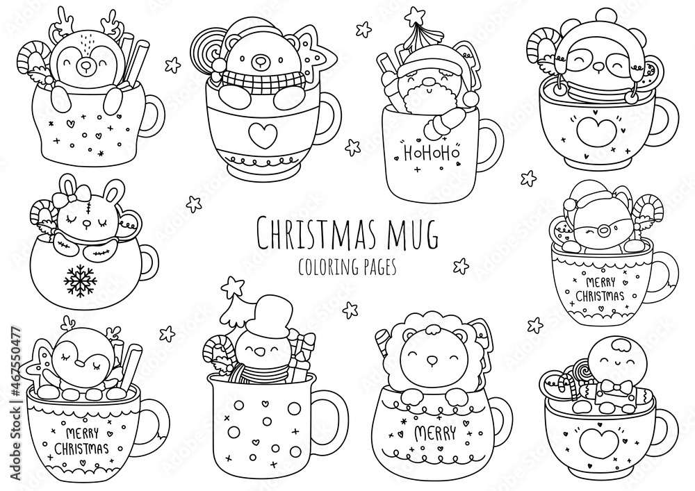 Christmas mug coloring pages, Christmas mug doodle.