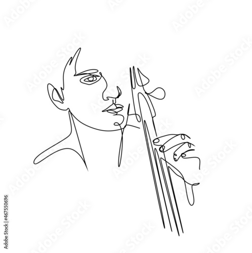 A continuous drawing with a single silhouette line of a young man playing the cello. A cellist in the minimalist style.