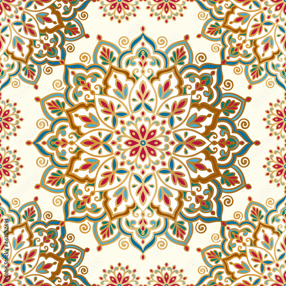 Seamless pattern with mandala ornament. Traditional Arabic, Indian motifs. Great for fabric and textile, wallpaper, packaging or any desired idea.