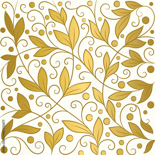 Gold and white leaves background. Vector ornament pattern. Paisley elements. Great for fabric, invitation, wallpaper, decoration, packaging or any desired idea.