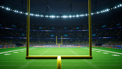 American football night stadium with fans iilluminated by spotlights waiting game. High quality 3d render 