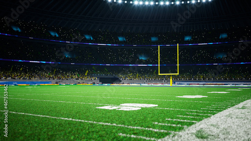 American football night stadium with fans iilluminated by spotlights waiting game. High quality 3d render 