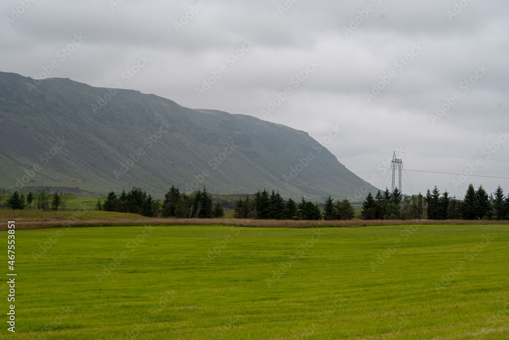 Landscape of mountains on overcast day in Selfoss South Iceland