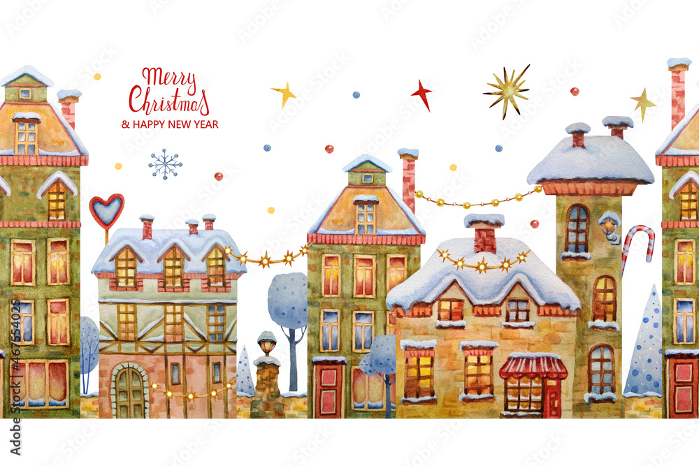 Seamless watercolor border pattern, hand-drawn illustration of a winter Christmas European town with houses, Christmas trees, trees, decorations and gifts. For wrappers, packaging, postcards