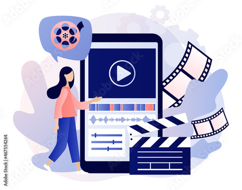 Video editor studio. Video maker online course. Tiny woman footage editing and making multimedia content production in smartphone app.Modern flat cartoon style. Vector illustration on white background