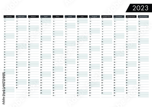 2023 Yearly wall planner. Black and white calendar vector design template with holidays. Sunday, Saturday highlited. Horizontal annual worldwide printable planner. 