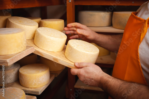 man cheesemaker in the cellar, beautiful wooden shelves with a ready cheese circle, ripening. Cheese production, home basement, indoor. Private entrepreneur. authentic atmosphere