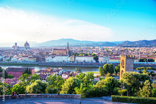 A fabulous panoramic view of Florence from Michelangelo Square at sunset. It is a pilgrimage of tourists and romantics. Duomo Cathedral. Italy, Tuscany