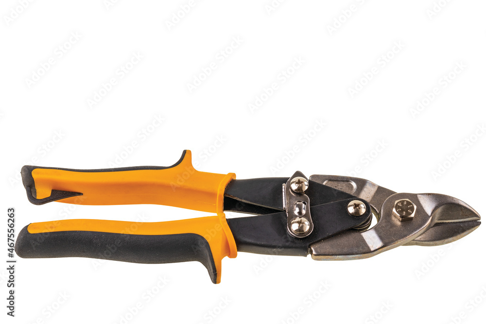 Obraz premium View of cutter for sheet metal on white background isolated. Working tools concept. Sweden.