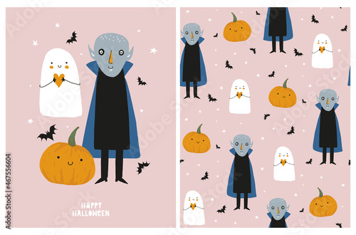 Happy Halloween. Cute Hand Drawn Halloween Vector Card and Seamless Pattern with Sweet Little Pumpkin, White Funny Ghost, Black Bats, Stars and Handsome Vampire on a Blush Pink Background. 
