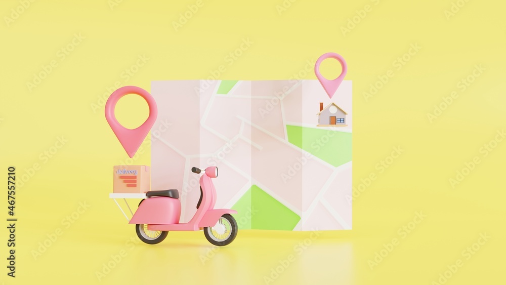 3D Map pins, GPS, navigator pin checking points, Fast delivery package by scooter on a shop. in E-commerce by the app. Tracking courier application.