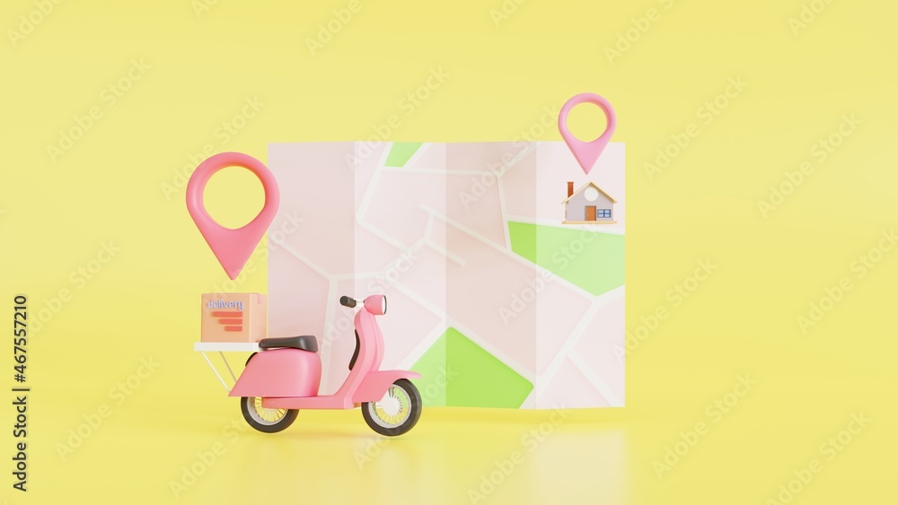 3D Map pins, GPS, navigator pin checking points, Fast delivery package by scooter on a shop. in E-commerce by the app. Tracking courier application. 3D Map pins, GPS, navigator pin checking points, Fast delivery package by scooter on a shop. in E-commerce by the app. Tracking courier application.