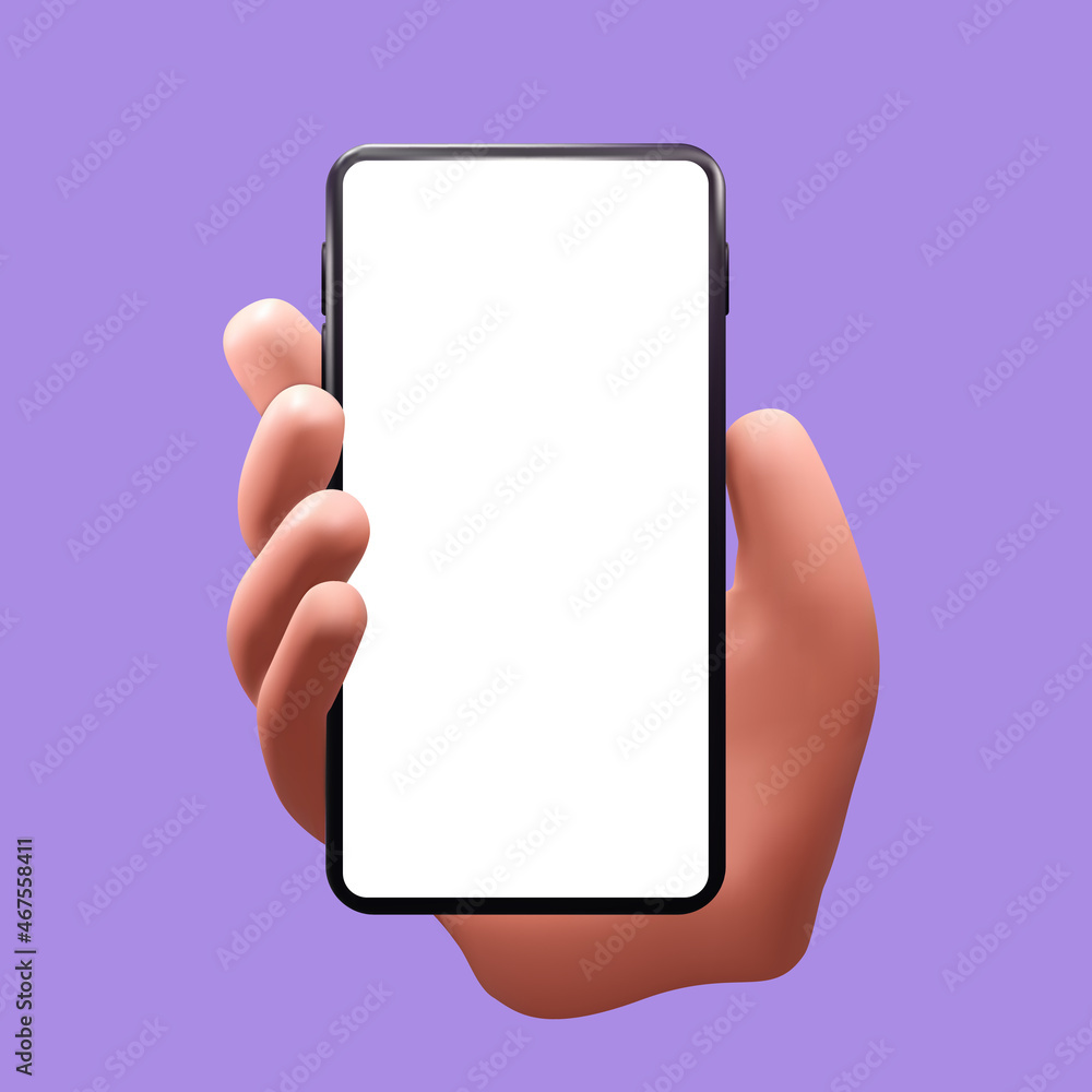 Phone with blank white screen in hand mockup isolated on purple background. Realistic vector illustration