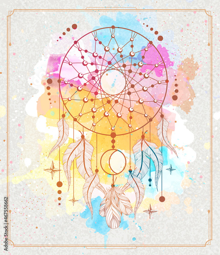 Modern magic witchcraft card with dream Catcher on watercolor background. Vector illustration