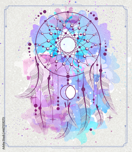 Modern magic witchcraft card with dream Catcher on watercolor background. Vector illustration