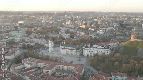 Beautiful Vilnius centre / old town panorama view from above during magical summer /autumn evening. 4k / flat profile. Lithuania. 