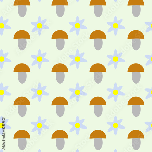 The demoniac pattern with mushrooms and flowers on a light background.