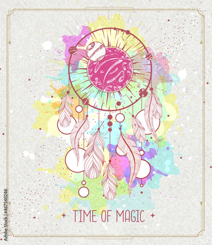 Modern magic witchcraft card with dream Catcher on watercolor background. Vector illustration