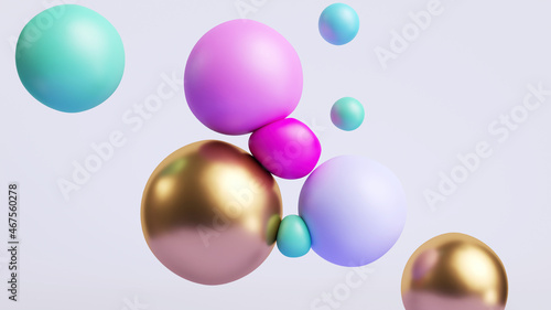 3d rendering, abstract pink blue mint and golden balls isolated on white background, assorted colorful particles macro. Modern minimal geometric wallpaper