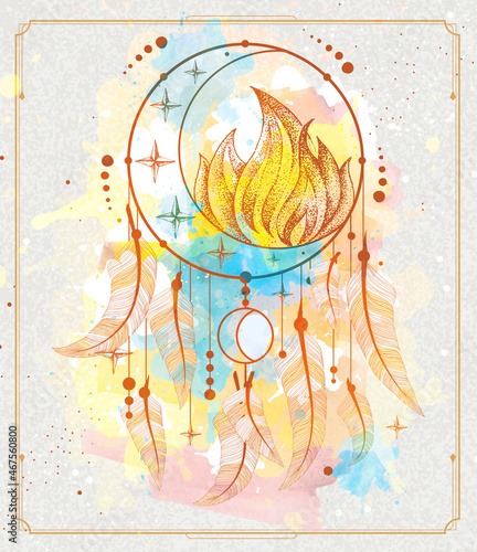 Modern magic witchcraft card with dream Catcher, crescent and fire element on watercolor background. Vector illustration