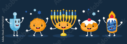 Hanukkah holiday banner design with menorah, traditional donuts, candle cookie, potato latkes and spinning top funny cartoon characters